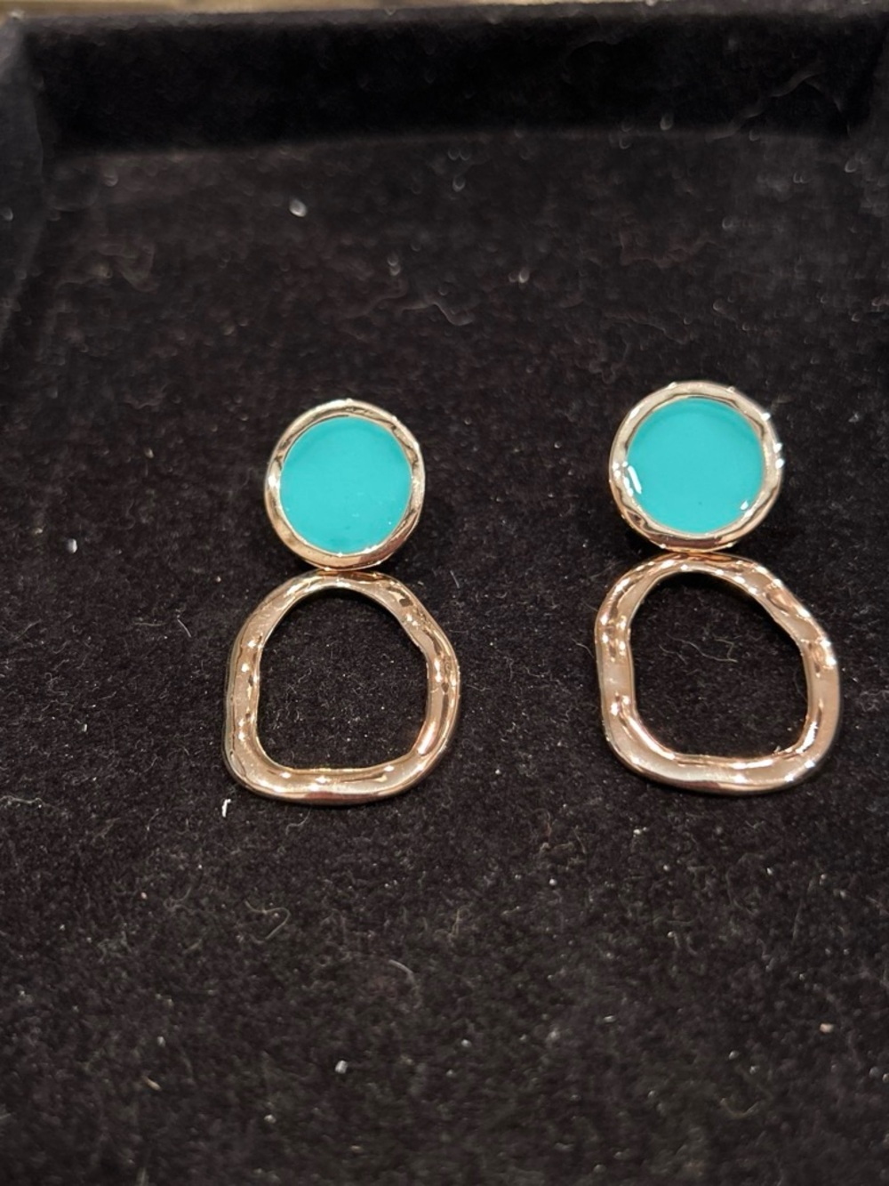 Gold Drop Earrings with Turquoise Enamel Discs - Women Jewelry